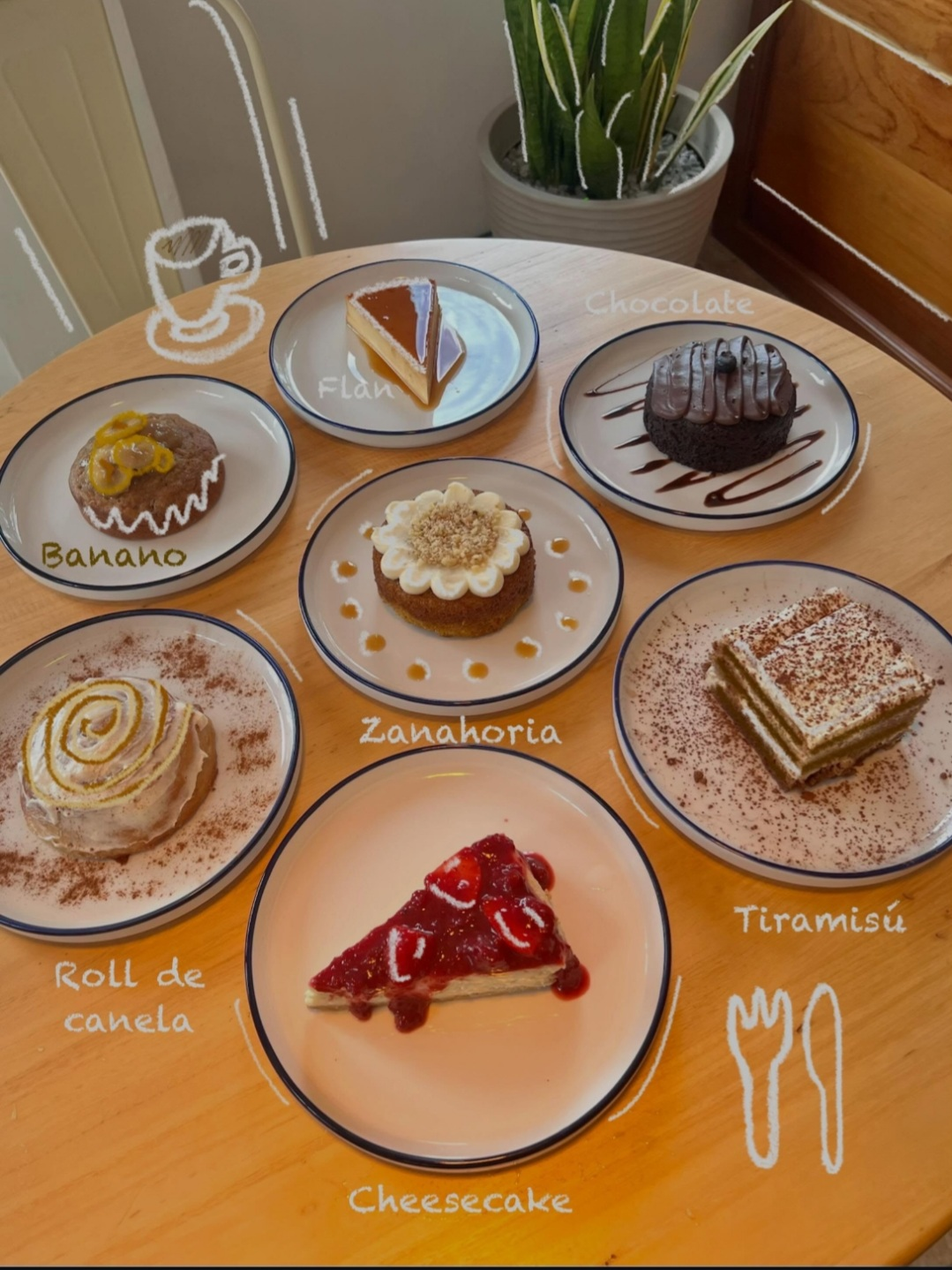 Selección de postres caseros de Pausa Café: flan, chocolate, zanahoria, tiramisú, cheesecake, roll de canela y banano