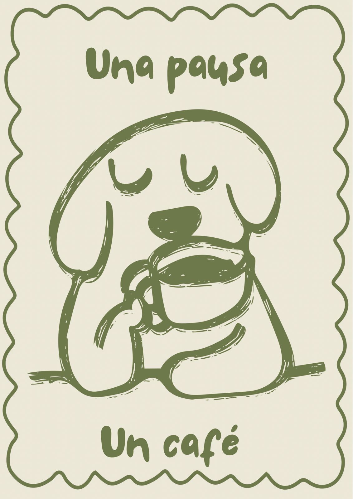 Ilustración de perrito con taza de café: una pausa, un café